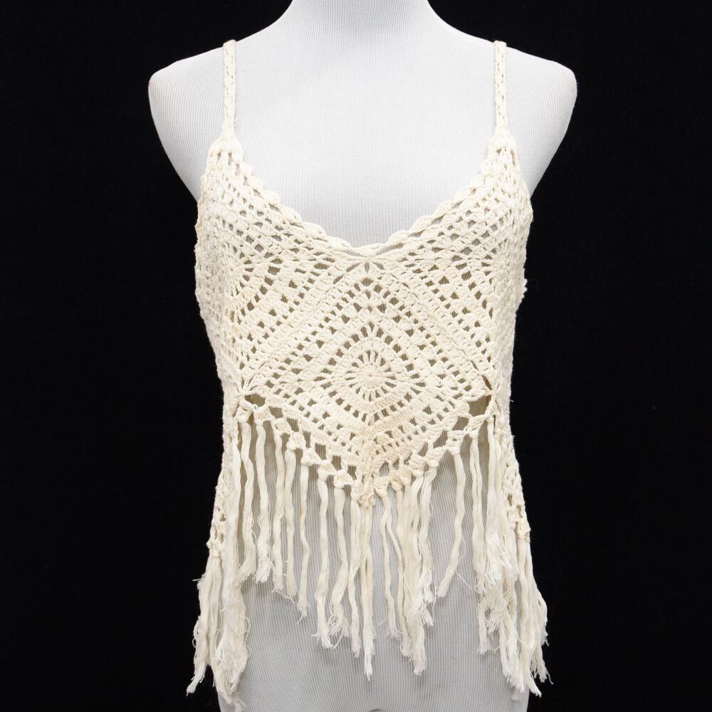 Festival Bohemian Gypsy Granny Square Crochet Fringe Tassel Tank Top Size Medium